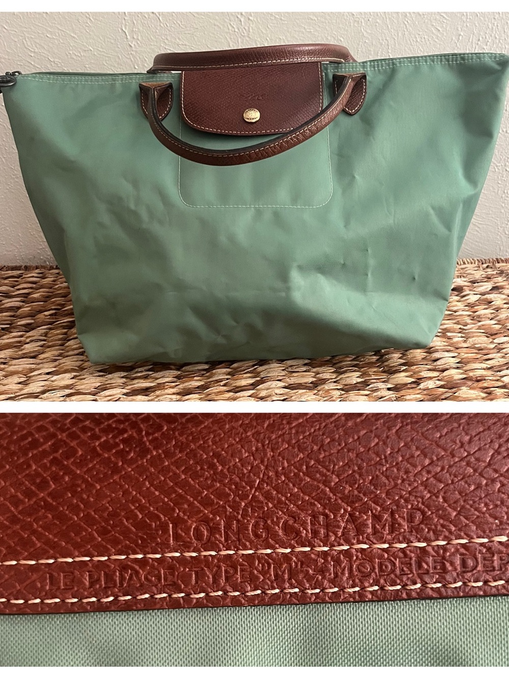 Longchamp Medium Green Nylon Le Pliage Tote with Brown Leather Trim